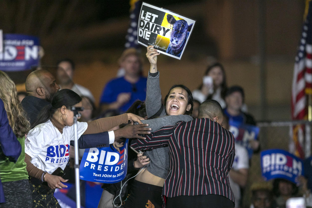 A woman charges the stage while holding a sign that reads "Let Dairy Die" during Democratic presidential candidate Joe Biden's Super Tuesday speech in Los Angeles. (David McNew/Getty Images)