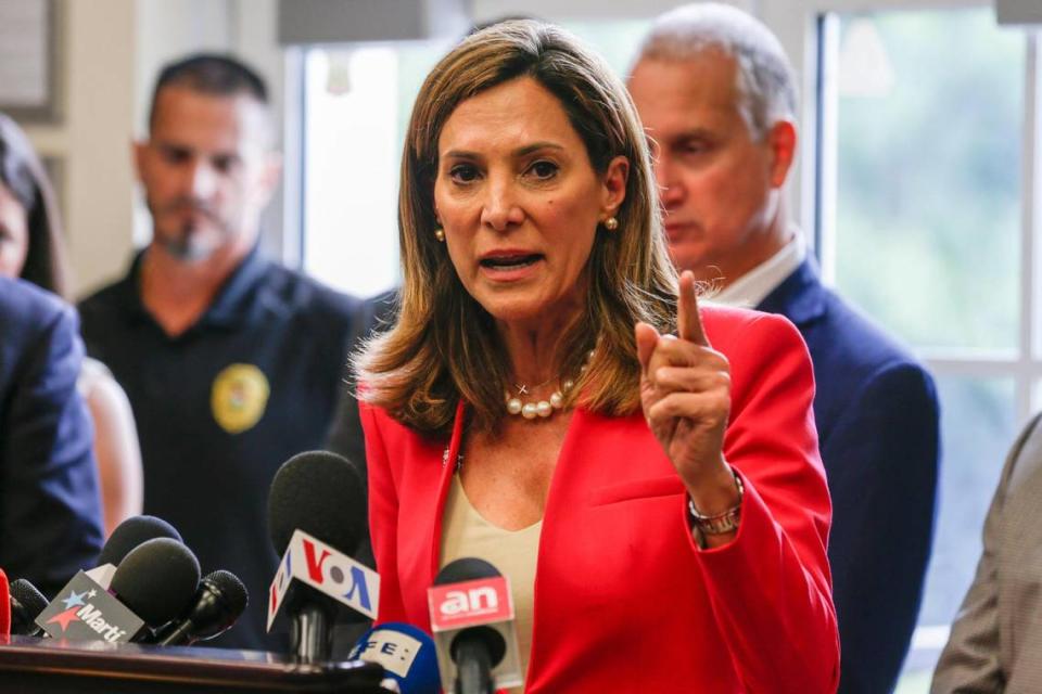 Congresswoman Maria Elvira Salazar of Florida’s 27th District speaks about the current situation in Cuba during a press conference at the Hialeah Gardens Museum Honoring Assault Brigade 2506 located on 13651 NW 107 Avenue in Hialeah Gardens, Florida on Thursday, August 5, 2021.