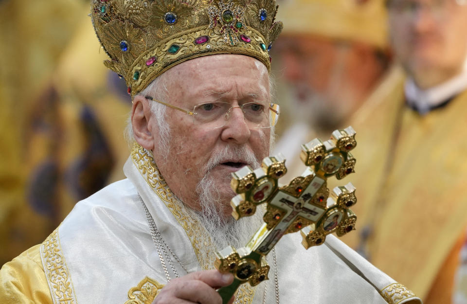 FILE - In this Sunday, Aug. 22, 2021 file photo, Ecumenical Patriarch Bartholomew I, the spiritual leader of the world's Orthodox Christians, leads a Mass at the St. Sofia Cathedral in Kyiv, Ukraine. Bartholomew I, the spiritual leader of Eastern Orthodox Christians, has been released from a Washington hospital after an overnight stay early in his 12-day visit to the United States. Bartholomew, who is 81, is scheduled to meet with President Joe Biden at the White House, and also to meet with Secretary of State Antony Blinken.(AP Photo/Efrem Lukatsky)