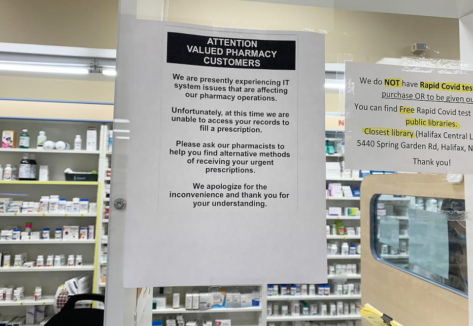 A sign for pharmacy customers is shown at a Lawtons Drugs in Halifax on Tuesday Nov. 8, 2022. Sobeys remains tightlipped about the computer system issues that are still posing a challenge for customers seeking prescriptions at some of the pharmacies operated by Nova Scotia-based Empire Co. Ltd.. THE CANADIAN PRESS/Lyndsay Armstrong