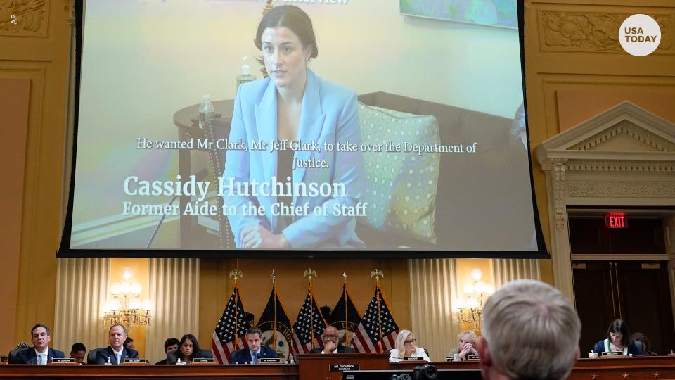 A video showing Cassidy Hutchinson speaking during an interview is shown as the committee investigating the Jan. 6 attack on the U.S. Capitol continues to reveal its findings of a yearlong investigation, at the Capitol in Washington on Thursday.