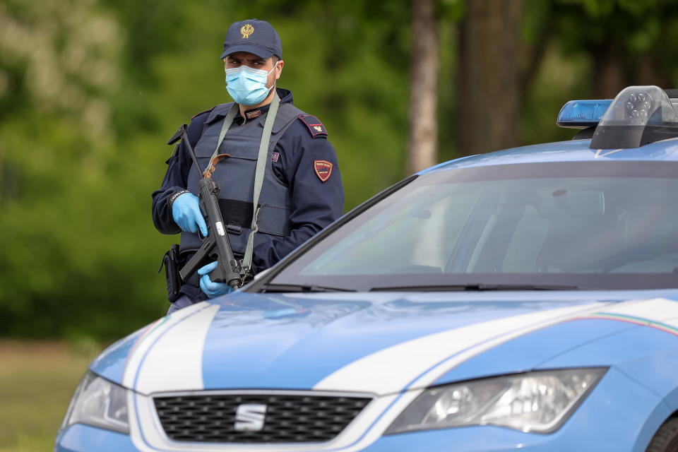 Police checkpoint during COVID-19 pandemic in Italy on April 28, 2020 in Carpi, Italy. (Photo by Emmanuele Ciancaglini/NurPhoto via Getty Images)