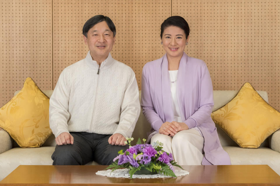 In this Feb. 17, 2019, photo provided by the Imperial Household Agency of Japan, Japan's Crown Prince Naruhito and Crown Princess Masako pose for a photo at their residence Togu Palace in Tokyo. Naruhito celebrates his 59th birthday on Saturday, Feb. 23, 2019. (Imperial Household Agency of Japan via AP)