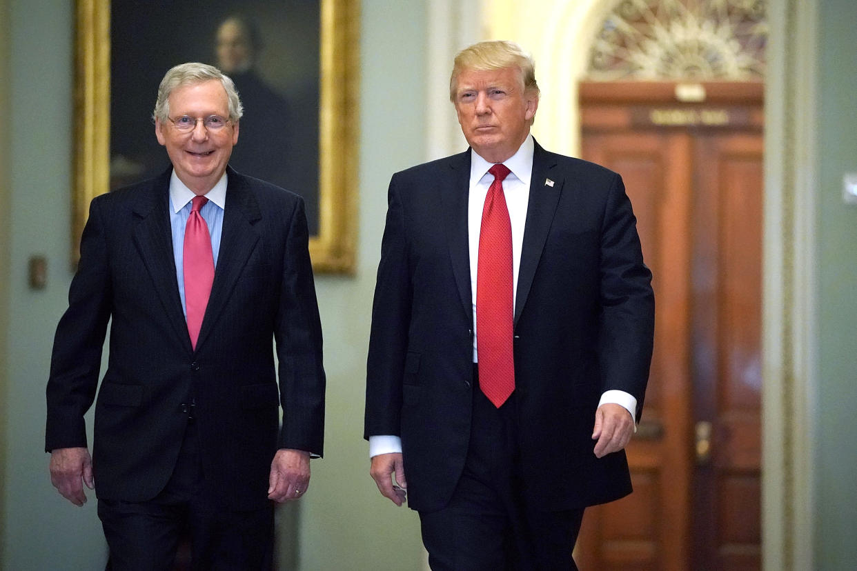 WASHINGTON, DC - OCTOBER 24:  Senate Majority Leader Mitch McConnell (R-KY) (L) and U.S. President Donald Trump arrive for the Republican Senate Policy Luncheon at the U.S. Capitol October 24, 2017 in Washington, DC. Trump joined the senators to talk about upcoming legislation, including the proposed GOP tax cuts and reform.  (Photo by Chip Somodevilla/Getty Images) (Chip Somodevilla / Getty Images file)