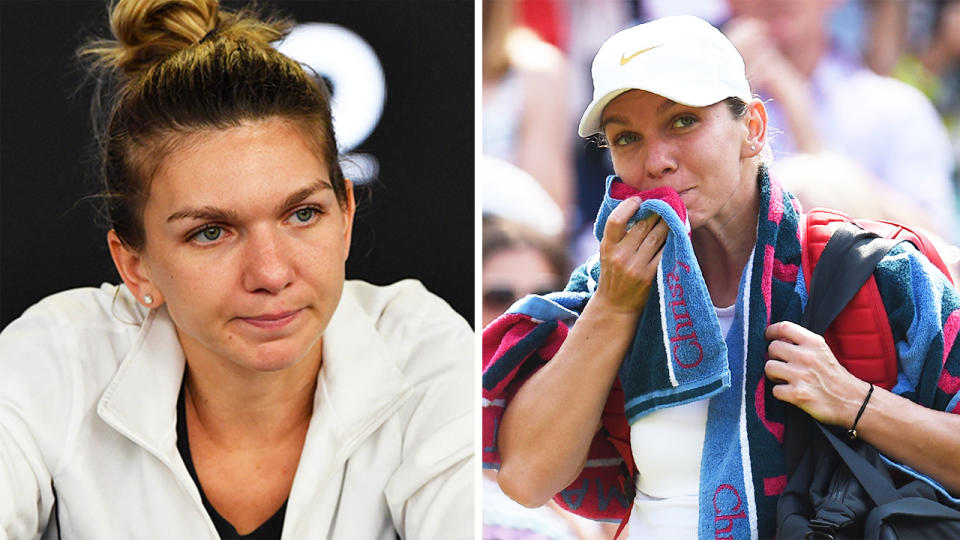 Simona Halep during a press conference and Halep in tears leaving the court at Wimbledon.