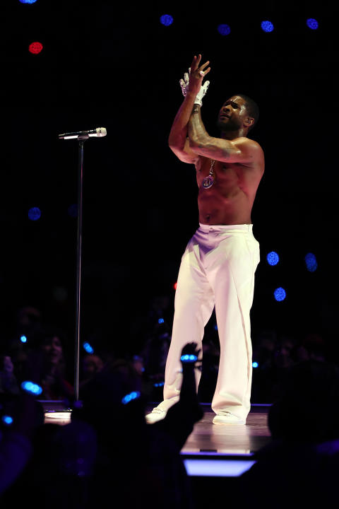 LAS VEGAS, NEVADA - FEBRUARY 11: Usher performs onstage during the Apple Music Super Bowl LVIII Halftime Show at Allegiant Stadium on February 11, 2024 in Las Vegas, Nevada. (Photo by Harry How/Getty Images)
