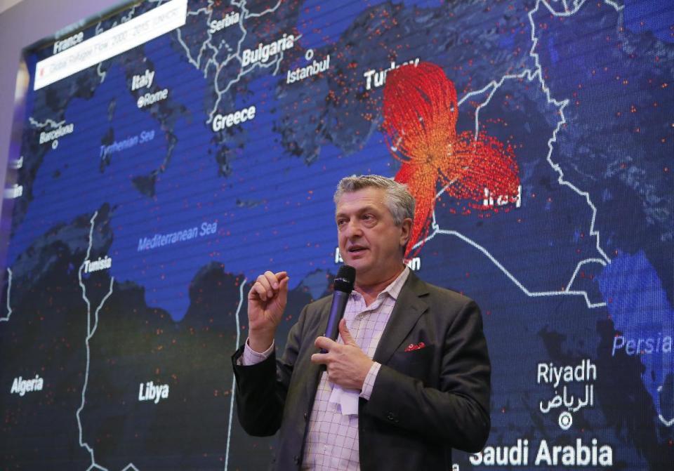 Filippo Grandi, United Nations High Commissioner for Refugees, speaks about the flow of refugees which is marked red on the screen behind him on the fourth day of the annual meeting of the World Economic Forum in Davos, Switzerland, Friday, Jan. 20, 2017. (AP Photo/Michel Euler)