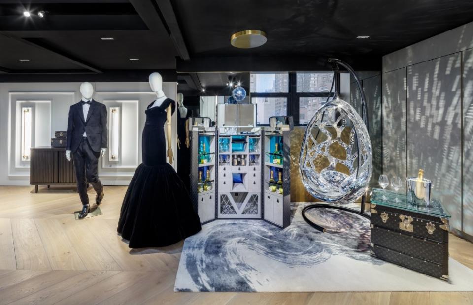 Alongside the house’s haute couture are heritage trunks bearing the signature LV logo, hand-crafted homewares (including the “Disco Cocoon” hanging chair by Campana Brothers) and decadent accessories. Brad Dickson