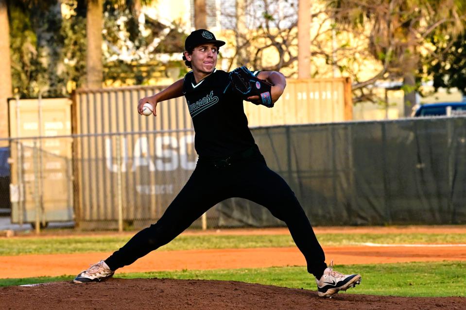 Suncoast's Hayden Neihoff fires a pitch from the mound during the third inning of a regular season game against Treasure Coast on April 18, 2024.