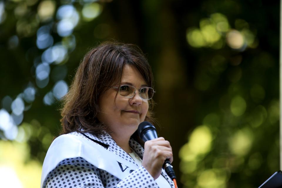 Oregon First Lady Aimee Kotek Wilson gives remarks during an unveiling ceremony for the women’s suffrage marker at the Oregon State Capitol State Park in July 2023.