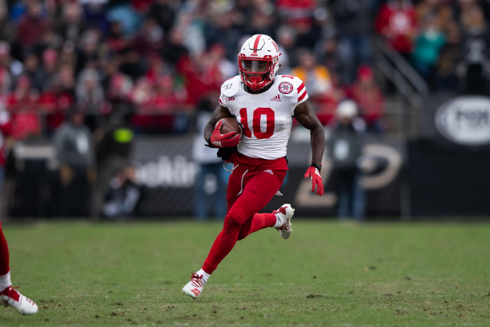 WEST LAFAYETTE, IN - NOVEMBER 02: Nebraska Cornhuskers wide receiver JD Spielman (10) runs up the field after a catch during the college football game between the Purdue Boilermakers and Nebraska Cornhuskers on November 2, 2019, at Ross-Ade Stadium in West Lafayette, IN. (Photo by Zach Bolinger/Icon Sportswire via Getty Images)