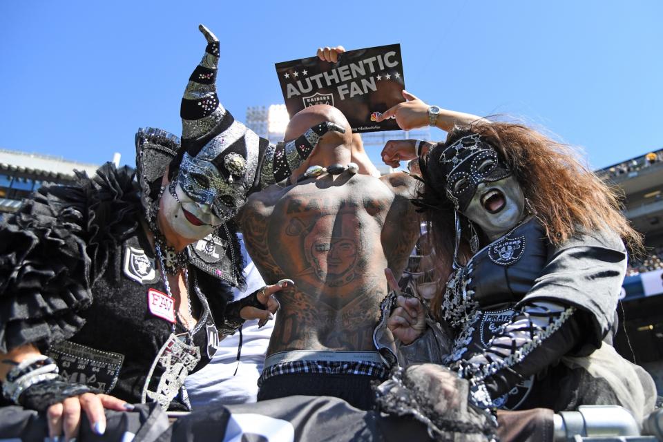 <p>Oakland Raiders fans cheer in the stands prior to the NFL game between the Oakland Raiders and the Atlanta Falcons at Oakland-Alameda County Coliseum on September 18, 2016 in Oakland, California. (Photo by Thearon W. Henderson/Getty Images) </p>