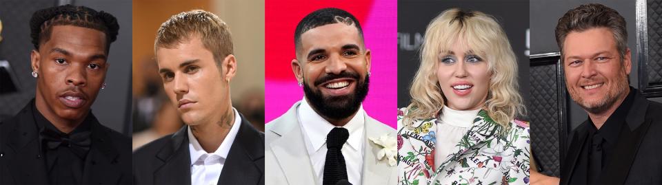 This combination of photos shows, from left, Lil Baby, Justin Bieber, Drake, Miley Cyrus and Blake Shelton, who are among the performers playing shows ahead of the Super Bowl between Los Angeles Rams and Cincinnati Bengals.