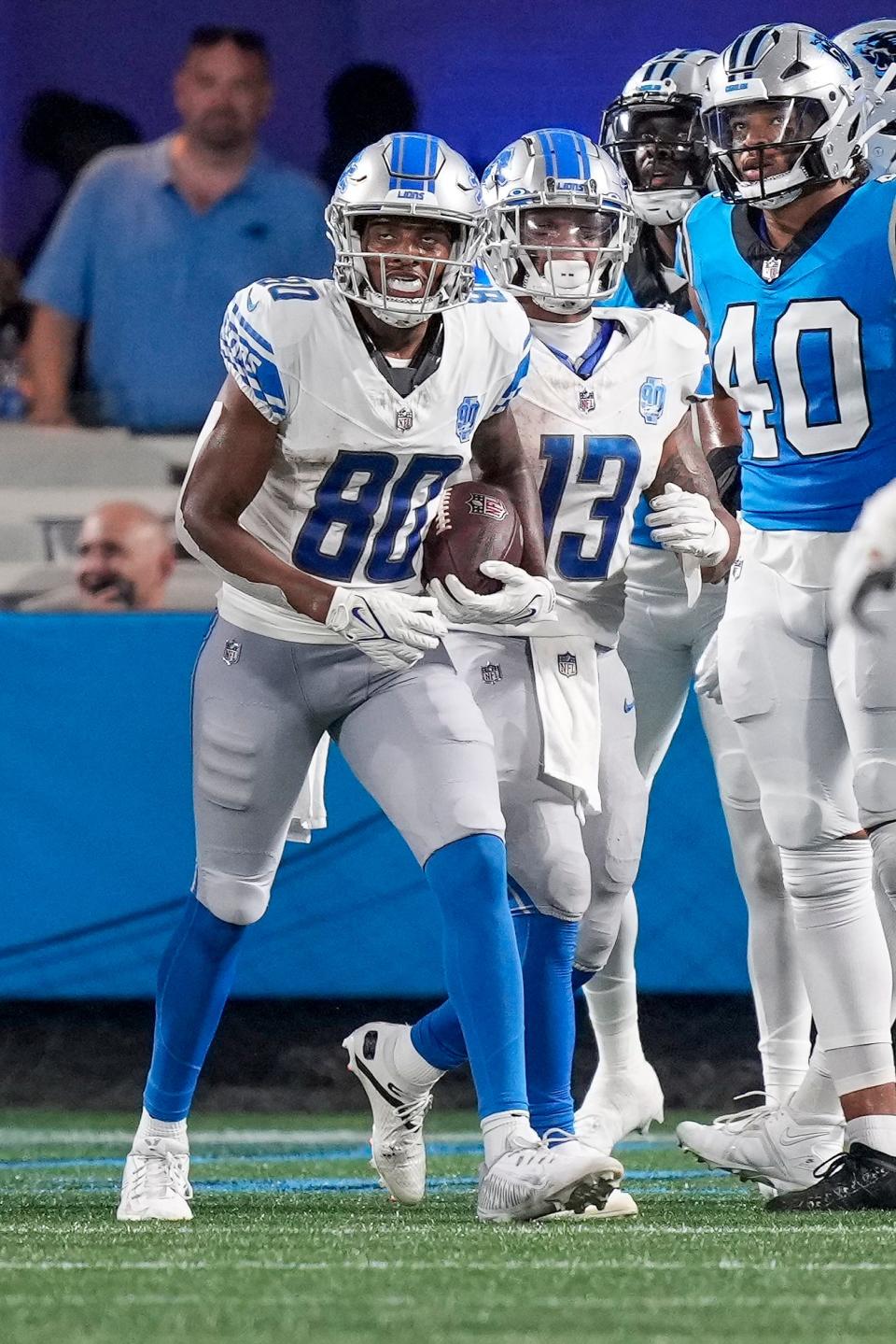 Lions wide receiver Antoine Green reacts to his touchdown reception during the second quarter of the 26-17 preseason win over the Panthers on Friday, Aug. 25, 2023, in Charlotte, North Carolina.