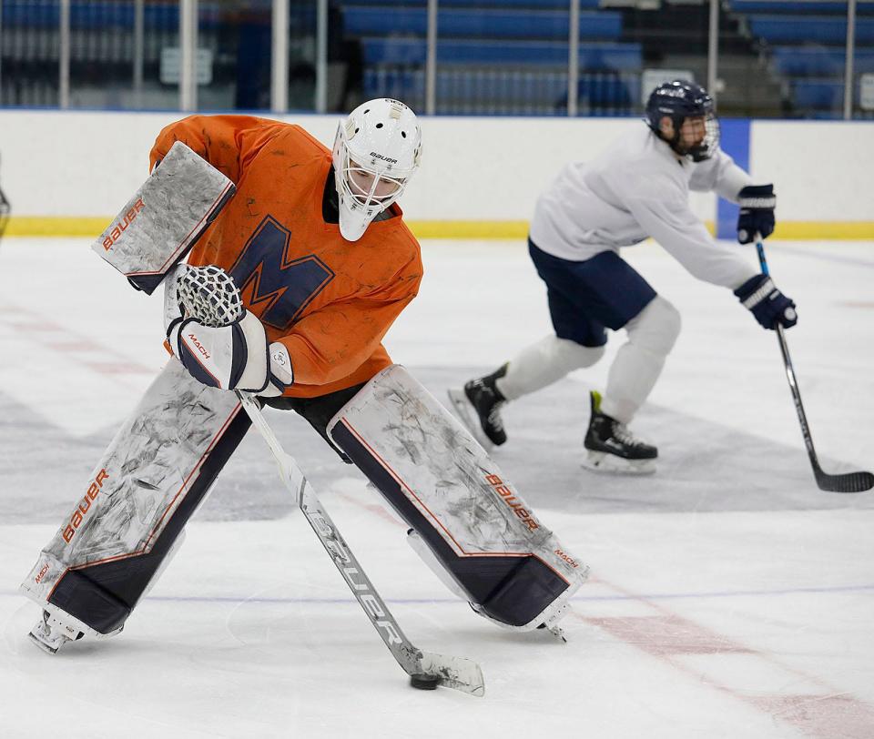 Milton Academy goalie Sam Caulfield at practice on Tuesday February 7, 2023 