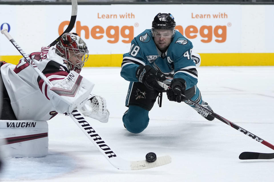 Arizona Coyotes goaltender Darcy Kuemper (35) blocks a goal attempt by San Jose Sharks center Tomas Hertl (48) during the first period of an NHL hockey game Friday, May 7, 2021, in San Jose, Calif. (AP Photo/Tony Avelar)