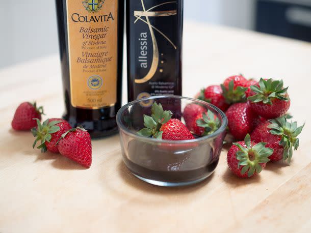 <p>Paul Hillier / PAUL HILLIER PHOTOGRAPHY</p> Supermarket balsamic vinegar I.G.P. and strawberries.