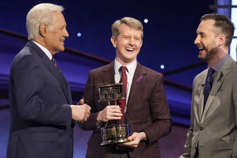 JEOPARDY! THE GREATEST OF ALL TIME - On the heels of the iconic Tournament of Champions, JEOPARDY! is coming to ABC in a multiple consecutive night event with JEOPARDY! The Greatest of All Time, premiering TUESDAY, JAN. 7 (8:00-9:00 p.m. EST), on ABC.  (Eric McCandless/ABC via Getty Images)
ALEX TREBEK, KEN JENNINGS, BRAD RUTTER