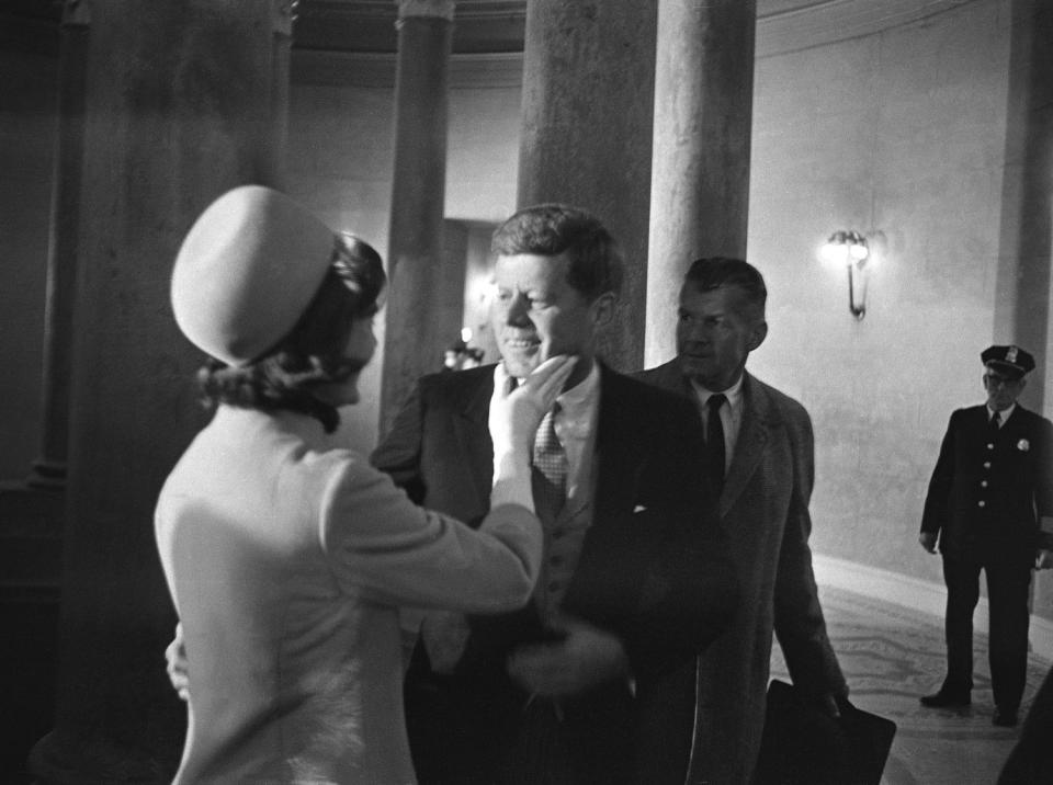 Black-and-white photo of Jacqueline Kennedy and President John F. Kennedy.