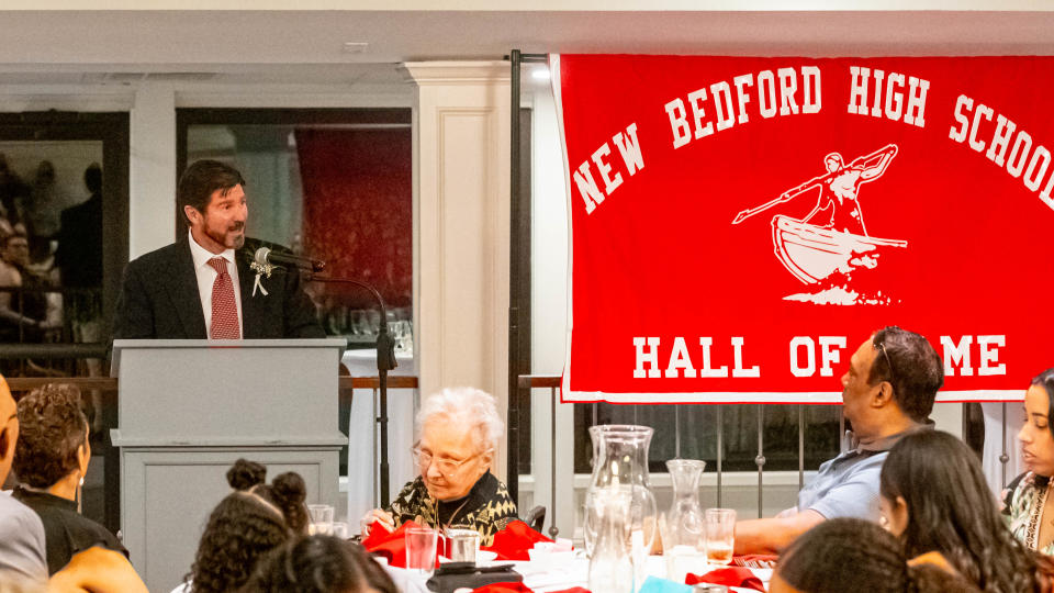 2024 New Bedford High School All Sport Hall of Fame Inductee Chris Norton speaks to the crowd.