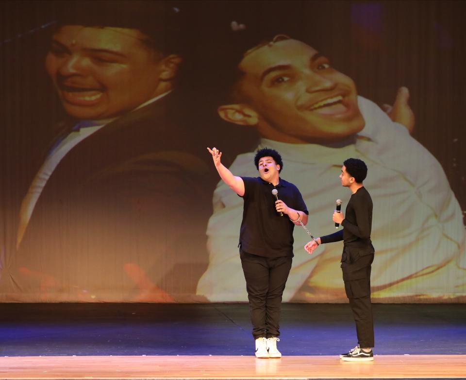 Calvin Lindo, right, and Ryan Diaz sing "Stuck Together (Strange But True)" from Archbishop Stepinac's "Catch Me If You Can" during Pedro's Open Mic at the Harrison Performing Arts Center at Harrison High School, May 11, 2024.