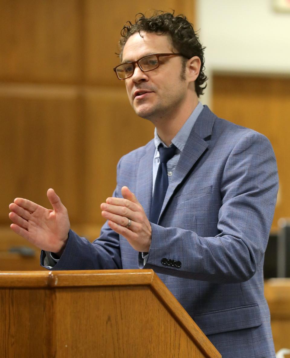 Defense attorney Ian Mevis delivers an opening statement during the trial of Gene Meyer, 68, who is charged with sexually assaulting and killing Betty Rolf in 1988, in Outagamie County Circuit Court on Tuesday in Appleton.