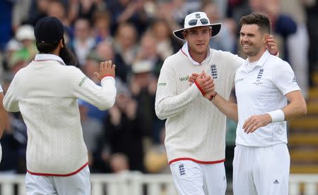 Cricket - England v Australia - Investec Ashes Test Series Third Test - Edgbaston - 29/7/15 England's James Anderson is congratulated by Stuart Broad after the dismissal of Australia's Mitchell Marsh (not pictured) Reuters / Philip Brown Livepic