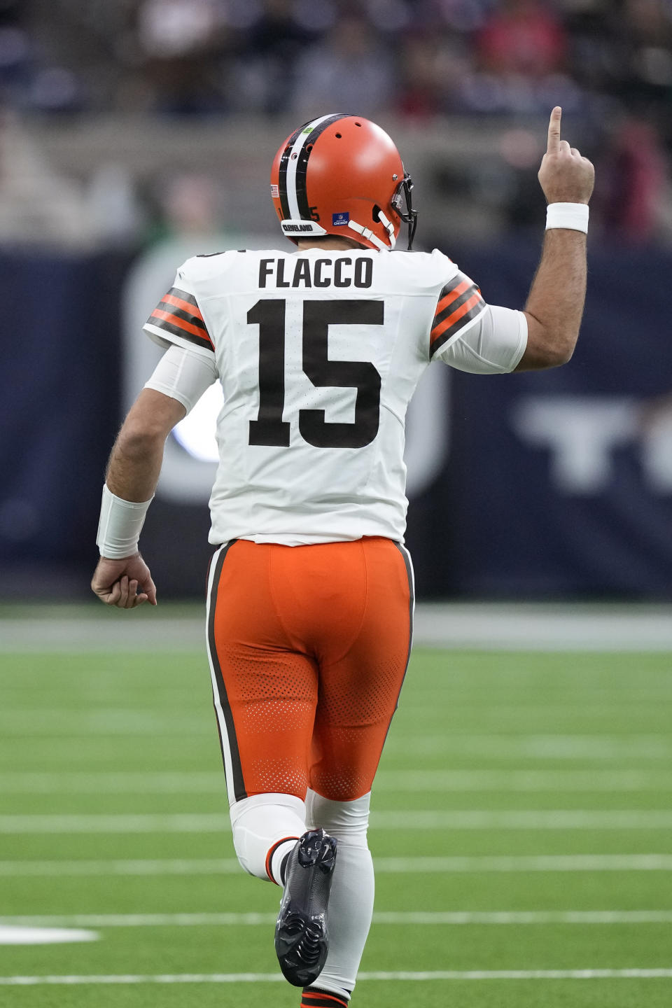 FILE - Cleveland Browns quarterback Joe Flacco (15) celebrates after throwing a touchdown pass during the first half of an NFL football game against the Houston Texans, Sunday, Dec. 24, 2023, in Houston. (AP Photo/David J. Phillip, File)