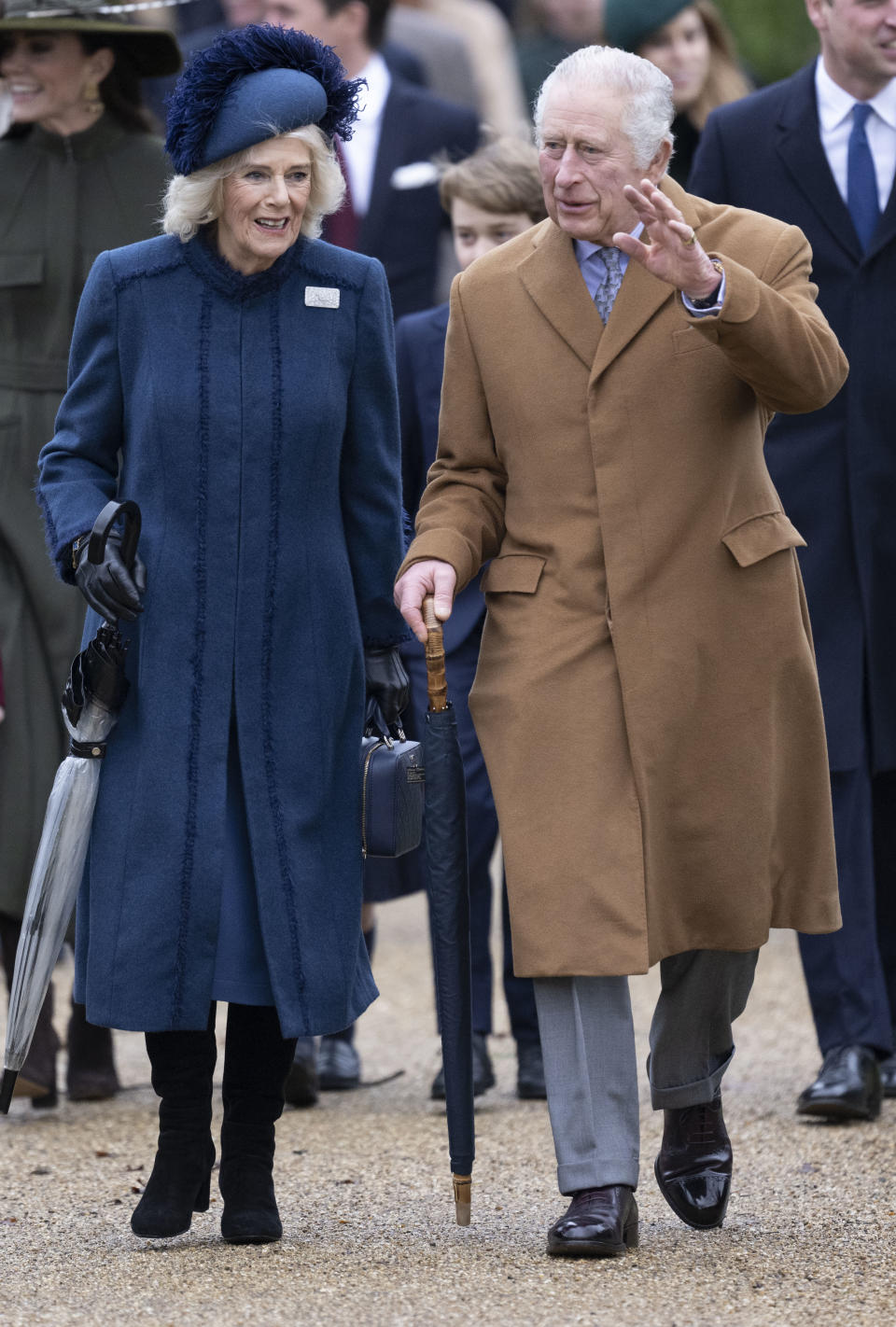 SANDRINGHAM, NORFOLK - DECEMBER 25:  King Charles III and Camilla, Queen Consort attend the Christmas Day service at St Mary Magdalene Church on December 25, 2022 in Sandringham, Norfolk. King Charles III ascended to the throne on September 8, 2022, with his coronation set for May 6, 2023. (Photo by UK Press Pool/UK Press via Getty Images)