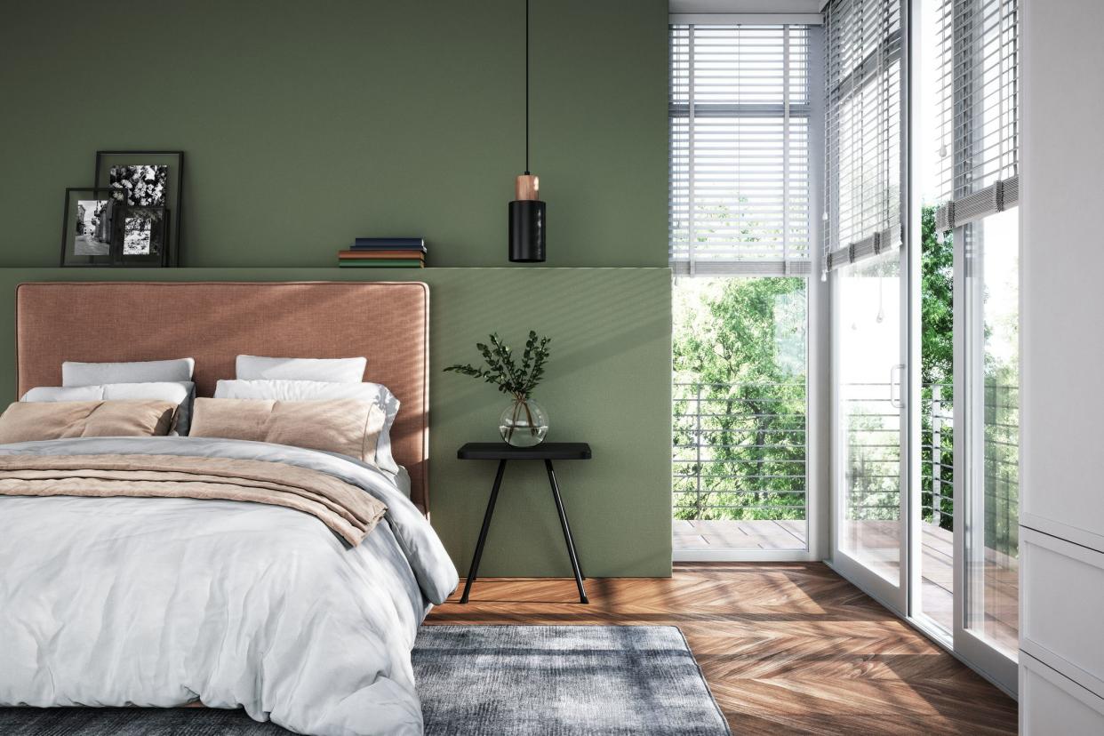 Modern interior of bedroom with green wall, 3d render