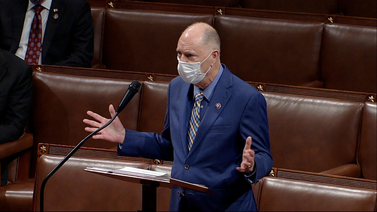 In this image from video, Rep. Bill Posey, R-Fla., speaks as the House debates the objection to confirm the Electoral College vote from Pennsylvania, at the U.S. Capitol early Thursday, Jan. 7, 2021. (House Television via AP)