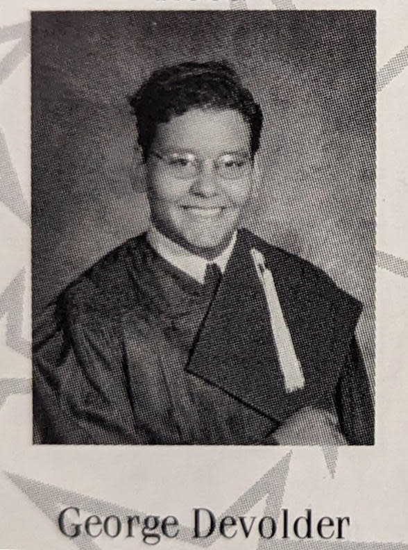 A school yearbook photo of George Santos, then known as George Devolder. / Credit: CBS News