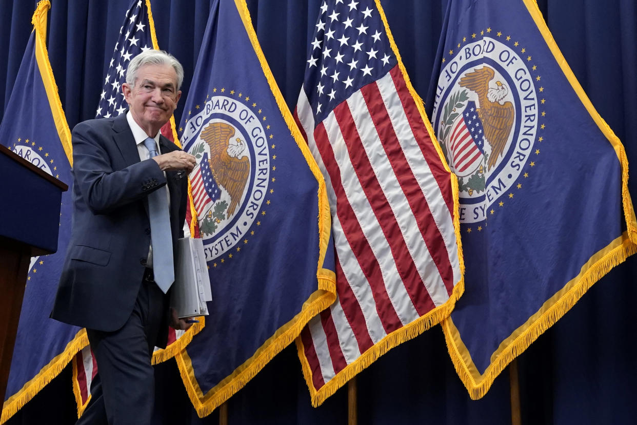 FILE - Federal Reserve Chair Jerome Powell leaves a news conference Wednesday, Dec. 14, 2022, at the Federal Reserve Board Building, in Washington. The Federal Reserve is poised this week to raise its benchmark interest rate for an eighth time since March. (AP Photo/Jacquelyn Martin, File)