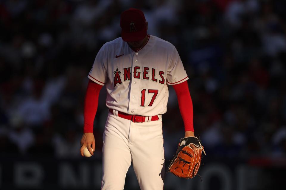 Shohei Ohtani pitches during a game against the Dodgers on June 21.