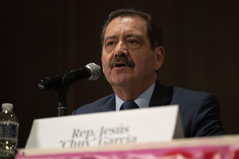 Rep. Chuy Garcia, D-Ill., participates in a forum with other Chicago mayoral candidates hosted by the Chicago Women Take Action Alliance Jan. 14, 2023, at the Chicago Temple in Chicago. Lori Lightfoot made history four years ago as the first Black woman and first openly gay person to serve as Chicago mayor. But her bid for a second term is in question amid concerns about continuing high crime in the nation’s third-largest city and accusations that she can be overly hostile and sometimes flat-out mean. (AP Photo/Erin Hooley, File)