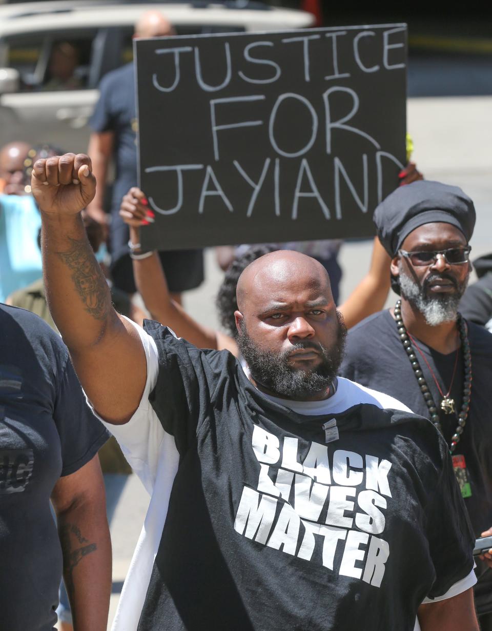 Protesters gather in front of the Stubbs Justice Center on July 2, 2022, in Akron. calling for justice for Jayland Walker after he was fatally shot by Akron police.