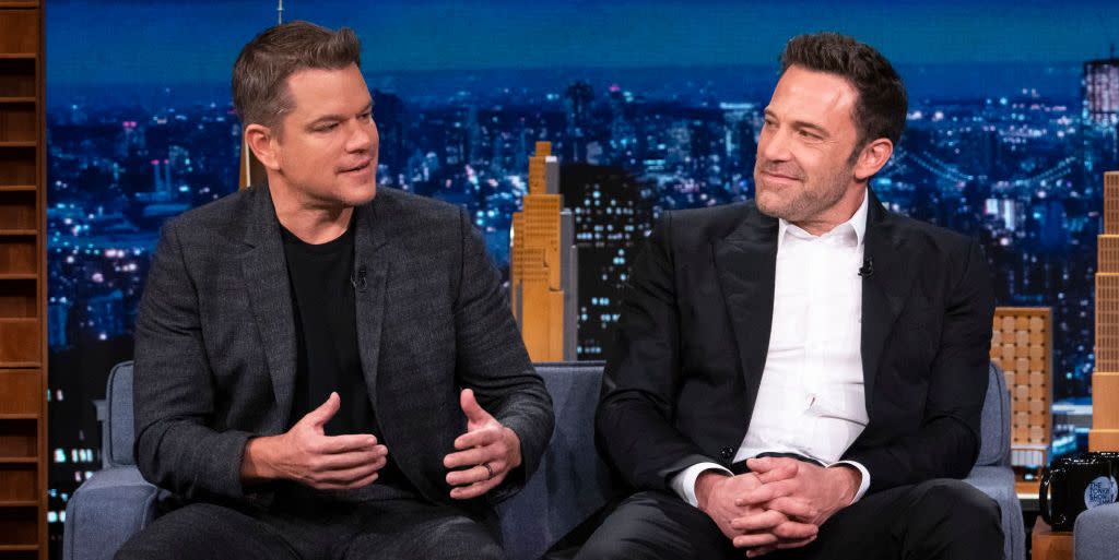 the tonight show starring jimmy fallon episode 1535 pictured l r actor matt damon and actor ben affleck during an interview on wednesday, october 13, 2021 photo by charles sykesnbcnbcu photo bank via getty images