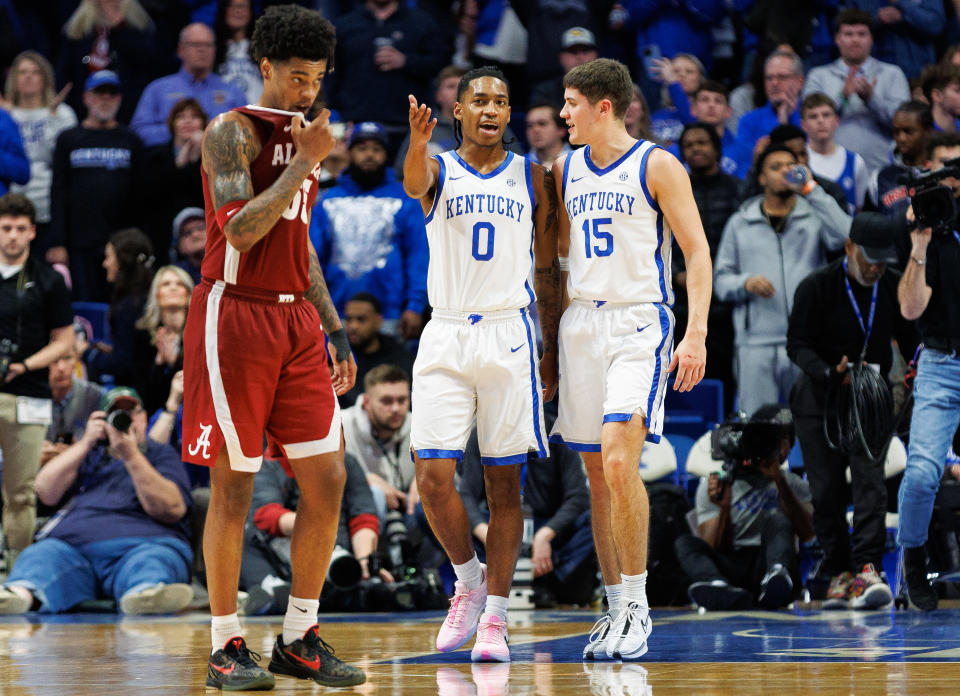 Feb 24, 2024; Lexington, Kentucky, USA; Kentucky Wildcats guard Rob Dillingham (0) talks with guard Reed Sheppard (15) as time runs out in the second half against the Alabama Crimson Tide at Rupp Arena at Central Bank Center. Mandatory Credit: Jordan Prather-USA TODAY Sports