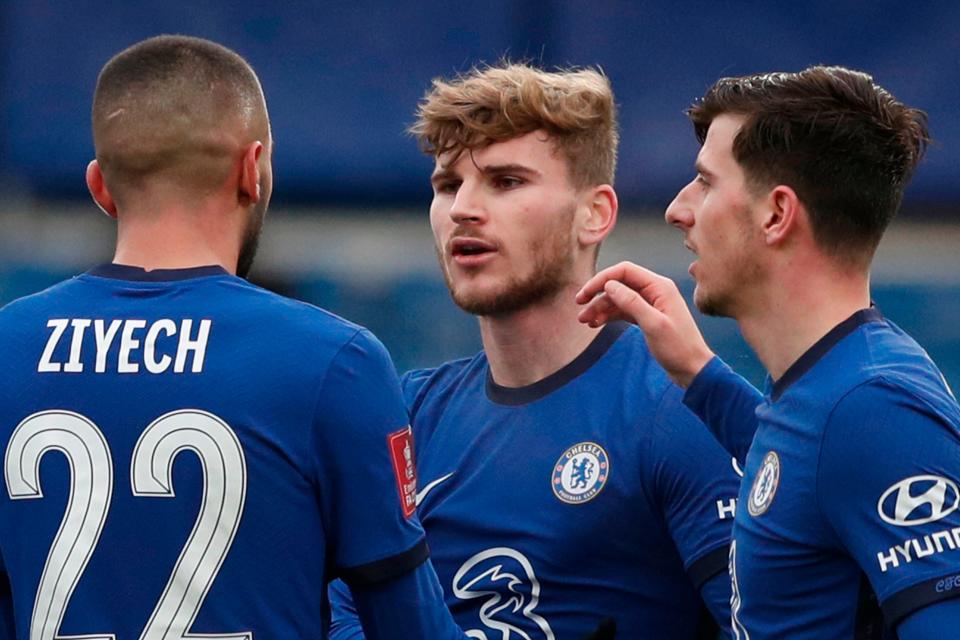 <p>Relief: Timo Werner scored his first goal since early November for Chelsea against Morecambe</p> (AFP via Getty Images)