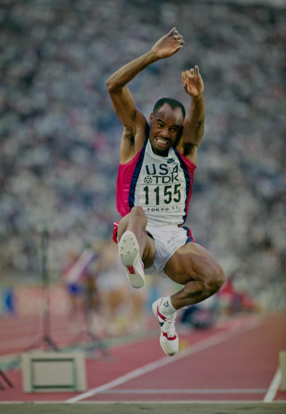 Mike Powell of the United State during the Long Jump event at the IAAF World Athletic Championships on 30th August 1991 at the Olympic Stadium in Tokyo, Japan. Powell broke Bob Beamon's 23-year-old long jump world record by 5 cm (2 inches), leaping 8.95 m (29 ft 4 in). (Photo by Mike Powell/Getty Images)