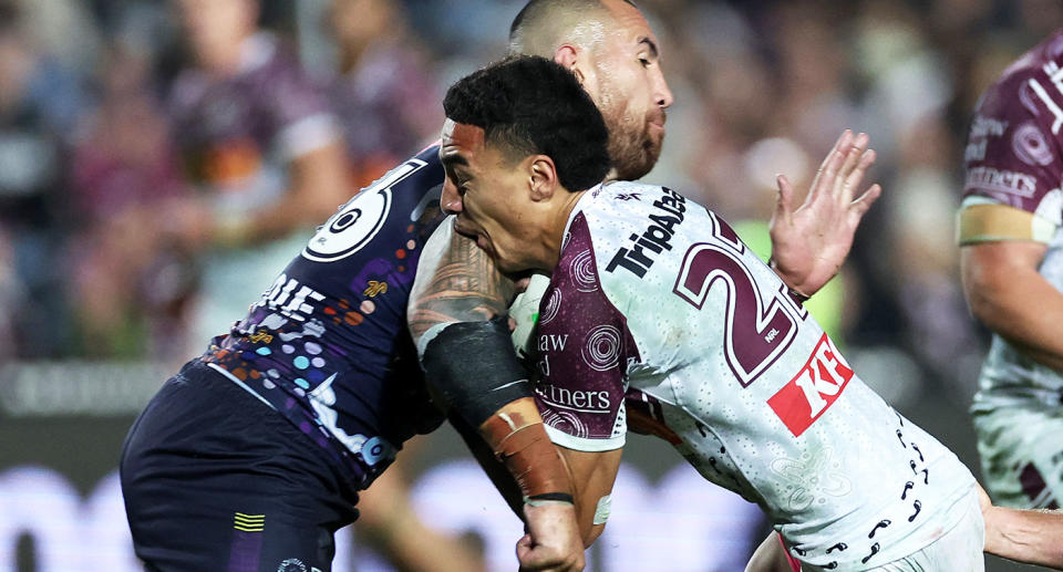 Seen here, Lehi Hopoate making his NRL debut for Manly in the win against Melbourne. 