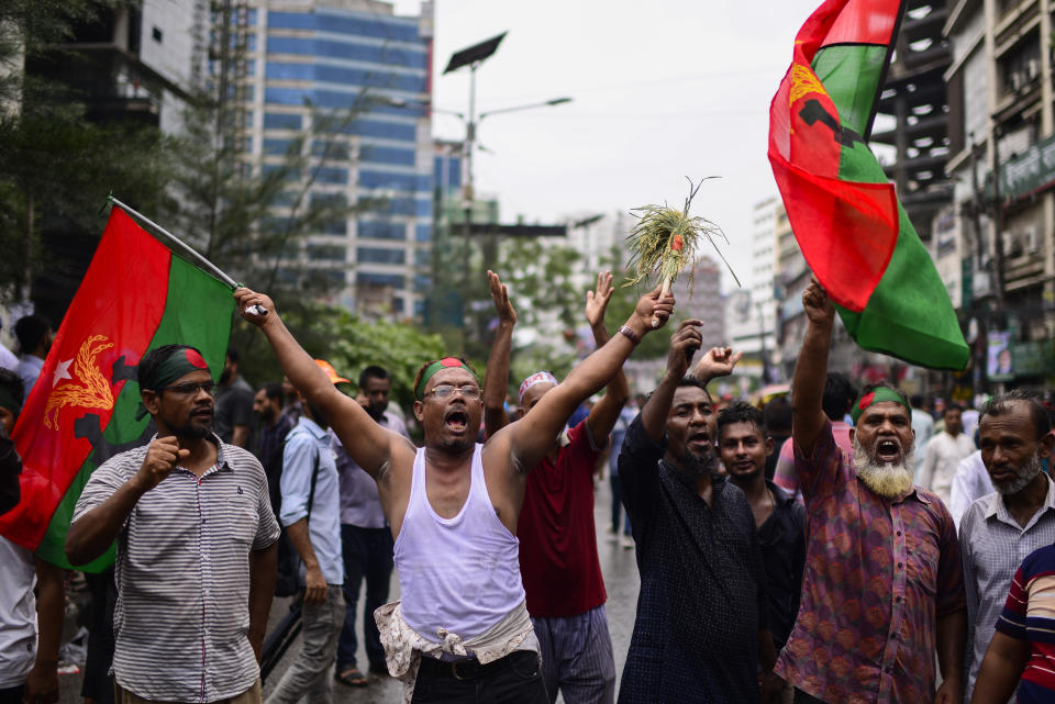 Bangladesh Nationalist Party (BNP) supporters shout slogans during a protest rally in Dhaka, Bangladesh, Friday, July 28, 2023. (AP Photo/Mahmud Hossain Opu)