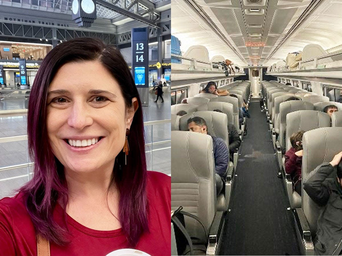 Amanda Adler selfie in train station (left), interior of amtrak train in coach (right)