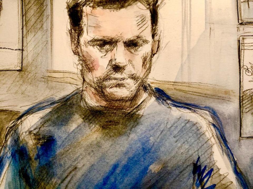 Paul Bernardo, shown in a courtroom sketch while up for a parole hearing in 2021.  (Pam Davies - image credit)