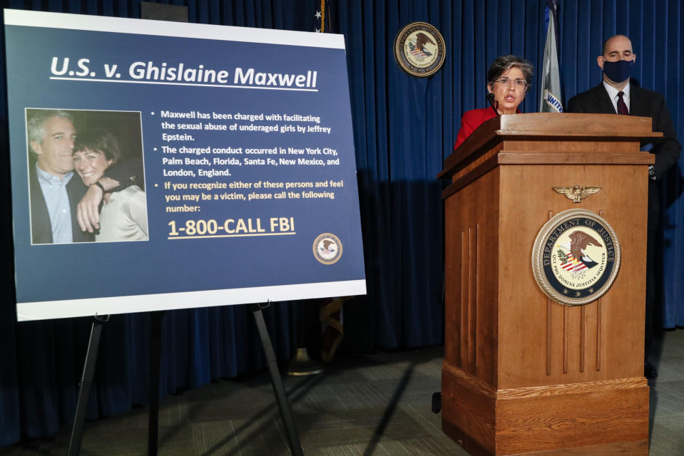 FILE - Audrey Strauss, Acting United States Attorney for the Southern District of New York, center, speaks alongside William F. Sweeney Jr., Assistant Director-in-Charge of the New York Office of the Federal Bureau of Investigation, during a news conference to announce charges against Ghislaine Maxwell for her alleged role in the sexual exploitation and abuse of multiple minor girls by financier Jeffrey Epstein, Thursday, July 2, 2020, in New York. Lawyers for Maxwell urged leniency at sentencing, asking a judge Wednesday, June 15, 2022, to disregard a probation department recommendation of a 20-year prison term for her sex trafficking conviction and role in Epstein’s sex abuse of teenage girls. (AP Photo/John Minchillo, File)