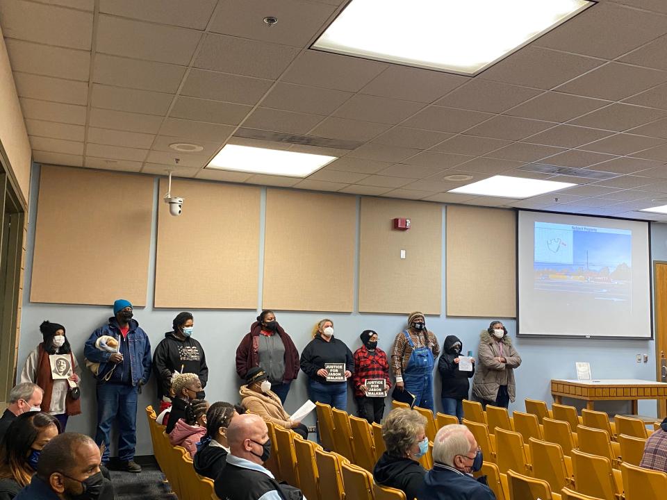 About 15 people continued protests for Jason Walker at the Cumberland County Commissioners meeting Tuesday night in the County Courthouse on Dick Street in Fayetteville. Chants from demonstrators outside of the courthouse could be heard as the meeting went on.