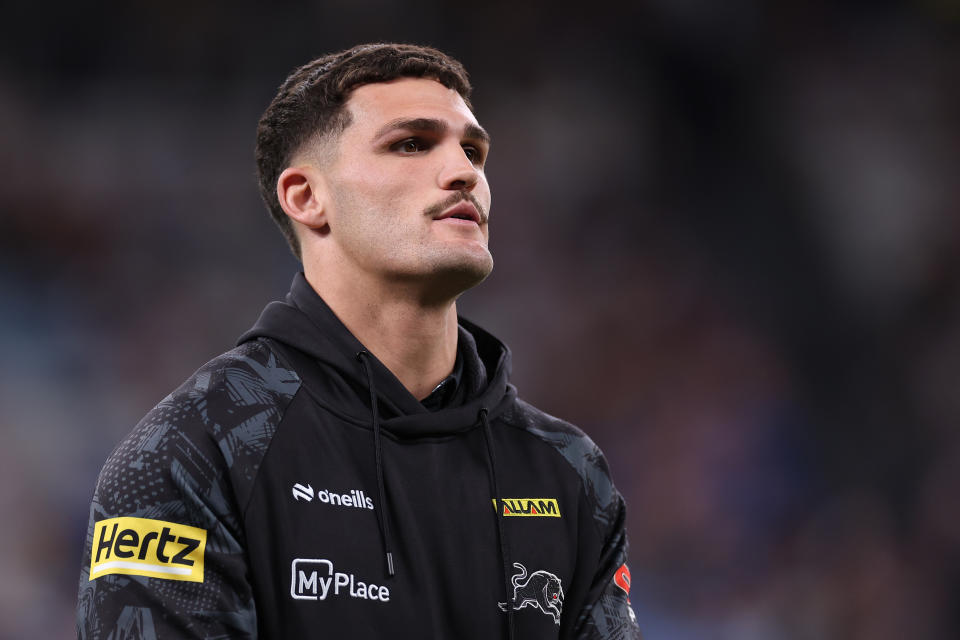 SYDNEY, AUSTRALIA - MARCH 28:  Injured Panthers player Nathan Cleary looks on before the round four NRL match between Sydney Roosters and Penrith Panthers at Allianz Stadium on March 28, 2024, in Sydney, Australia. (Photo by Cameron Spencer/Getty Images)