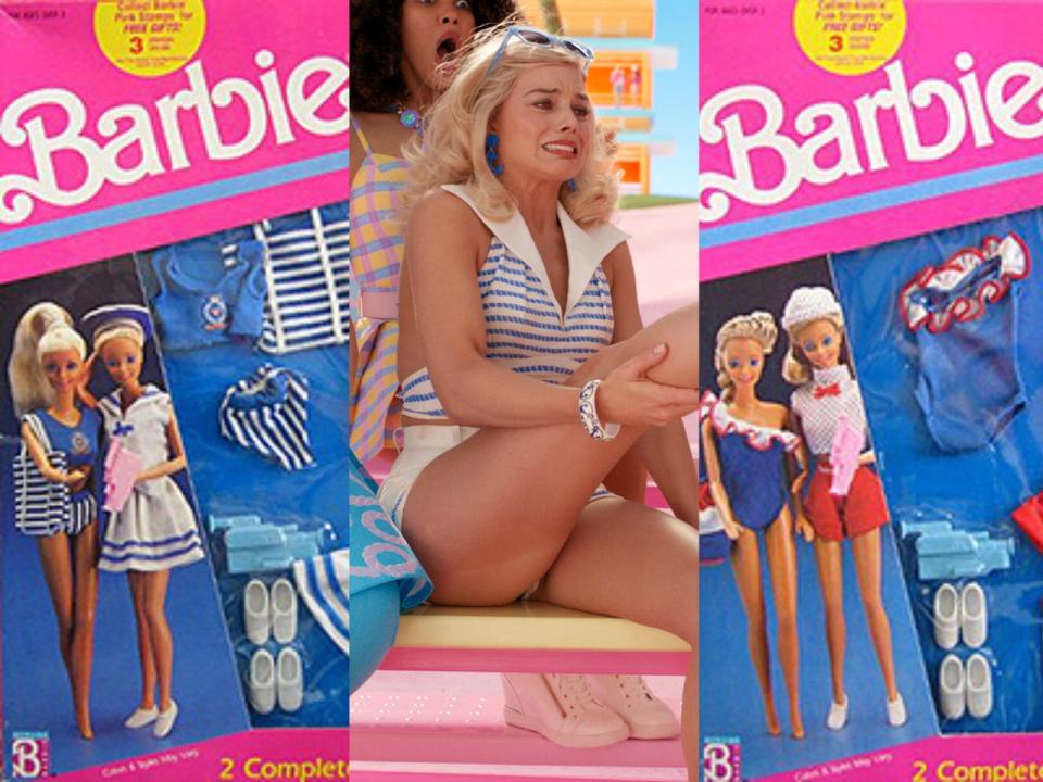 Left and Right: 1994 Barbie Yacht Club Fashion dolls. Middle: Margot Robbie in "Barbie."