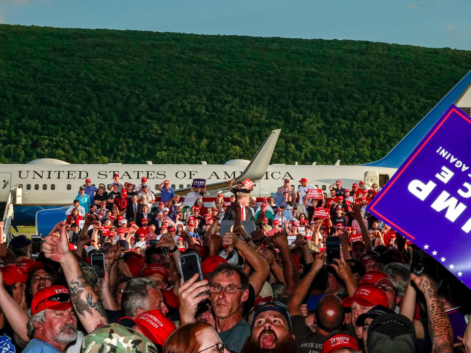 <strong>Montoursville, Pa., May 20, 2019.</strong> President Trump complains about at the media during a campaign rally, causing the crowd to jeer at the press.<span class="copyright">Peter van Agtmael—Magnum Photos for TIME</span>