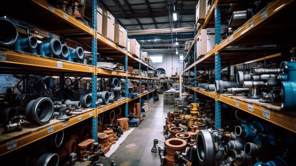 A busy warehouse stocked with a variety of industrial plumbing parts.